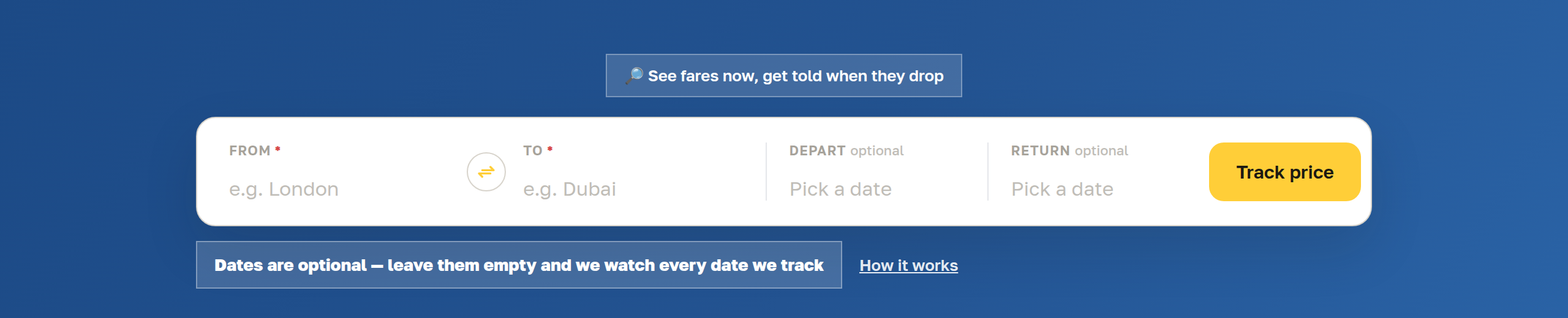 Search bar with From, To and optional dates