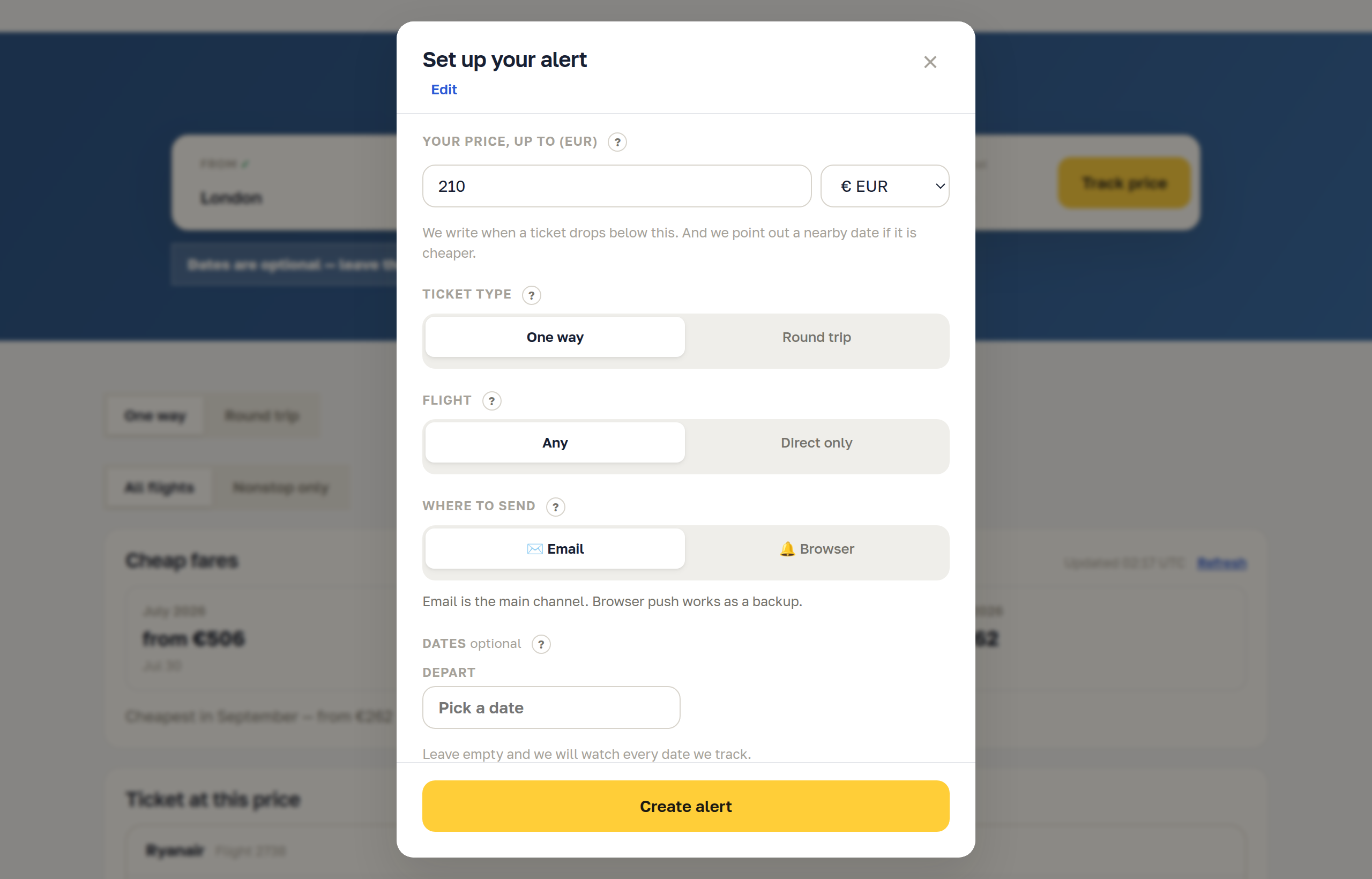 Alert settings with the price field, ticket type, flight and channel
